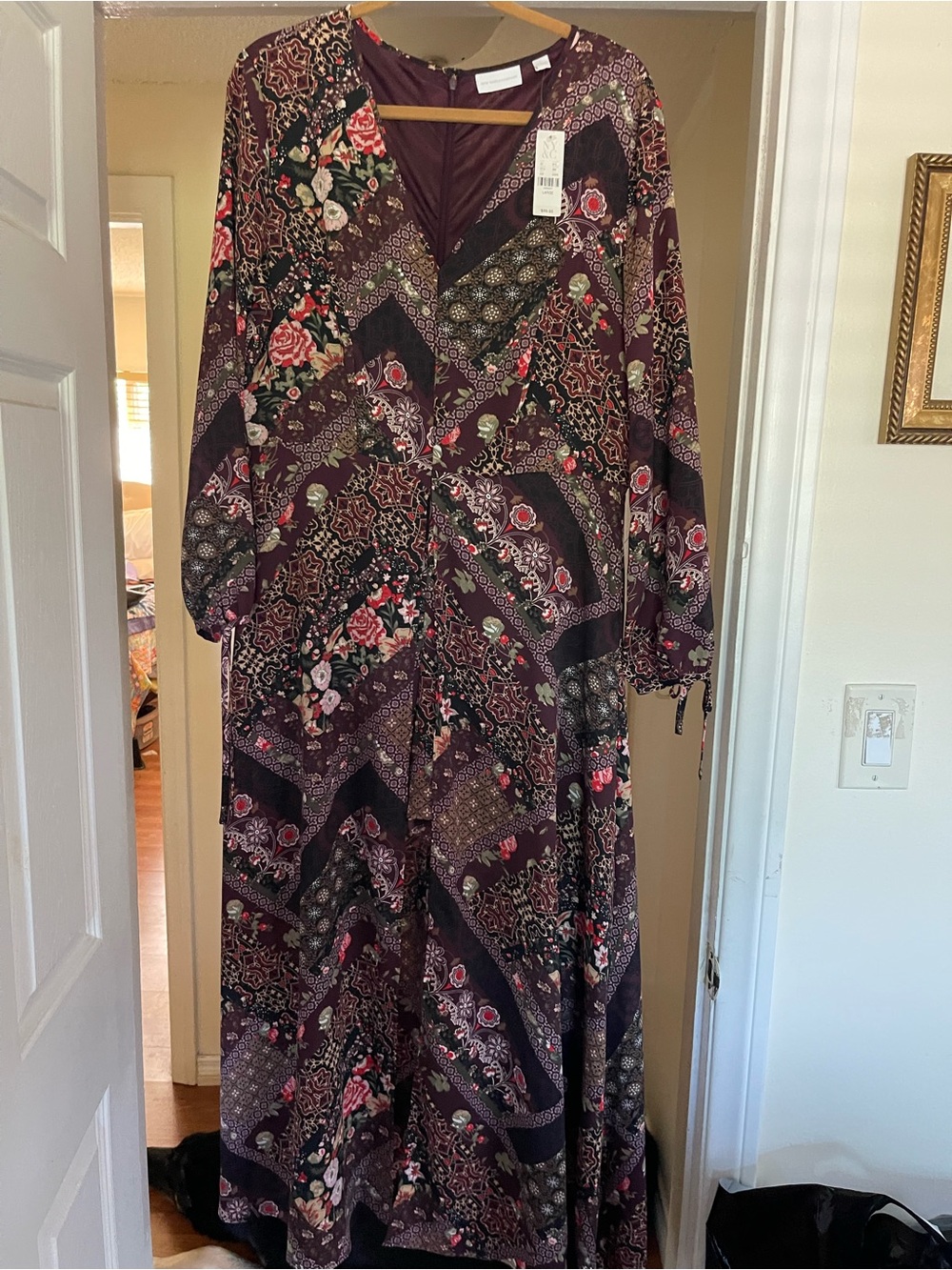 New York & Company Burgundy Floral Patchwork Maxi Dress